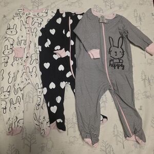 Girls' Pink-Trim Bunny & Heart Footed One-Piece Sleepers (3-Pack)